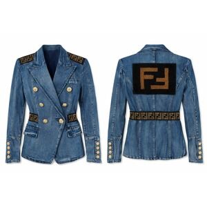 Denim Blazer Womens M Blue Double Breasted Embellished Logo Luxury Designer Glam